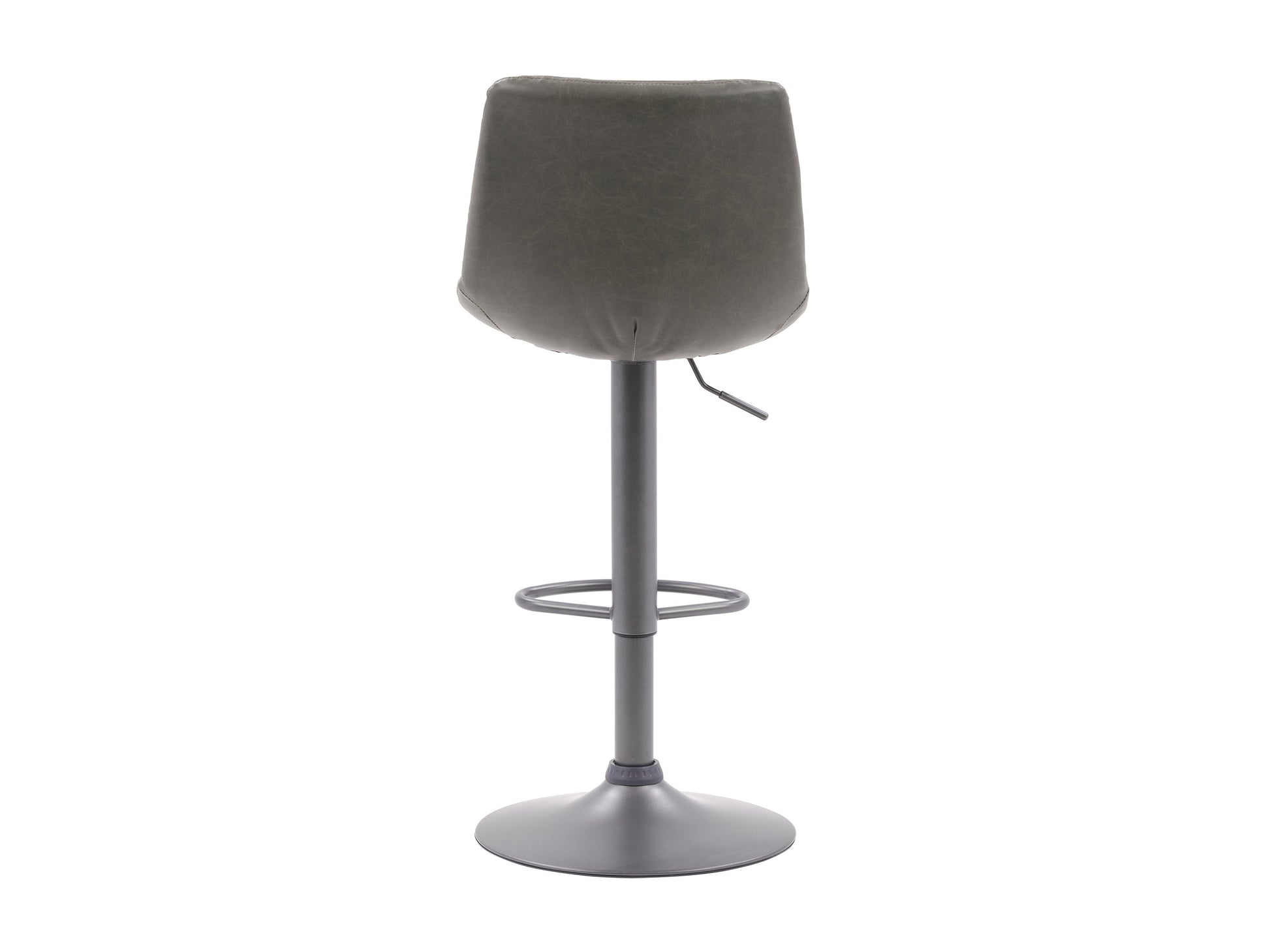 Grey swivel bar stools, set of 2, with cushioned seats, tufted backrests, and sleek black metal legs.