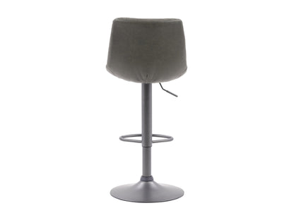 Grey swivel bar stools, set of 2, with cushioned seats, tufted backrests, and sleek black metal legs.