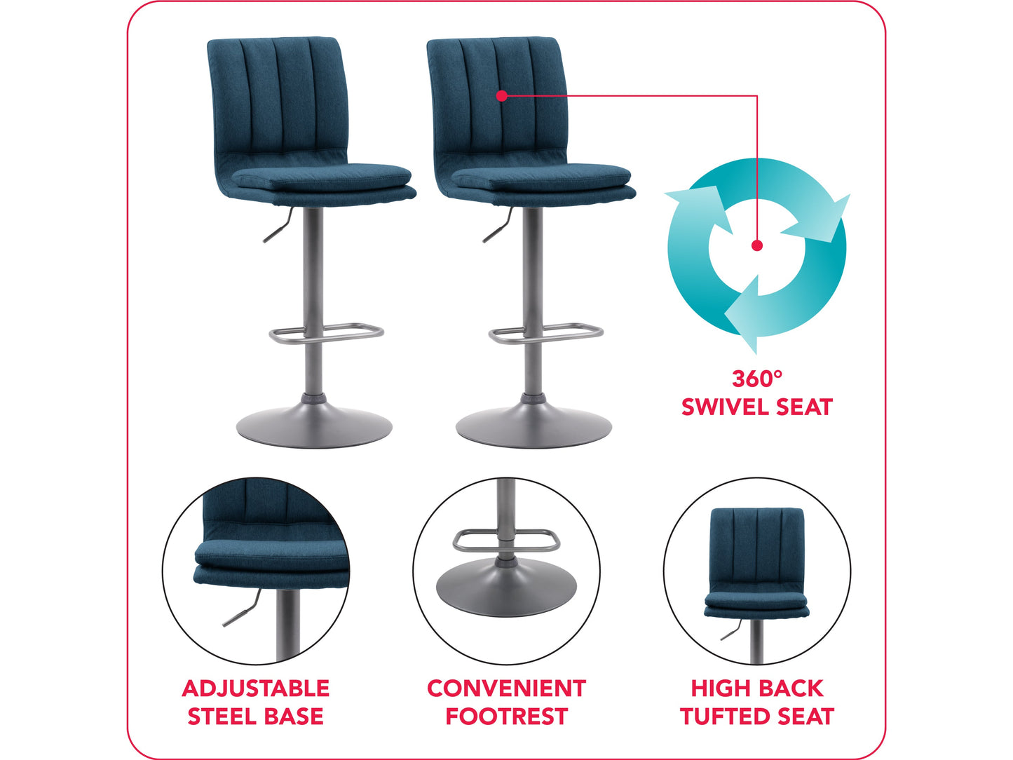 Blue swivel bar stools set of 2 with cushioned seats, metal frames, and ergonomic design.