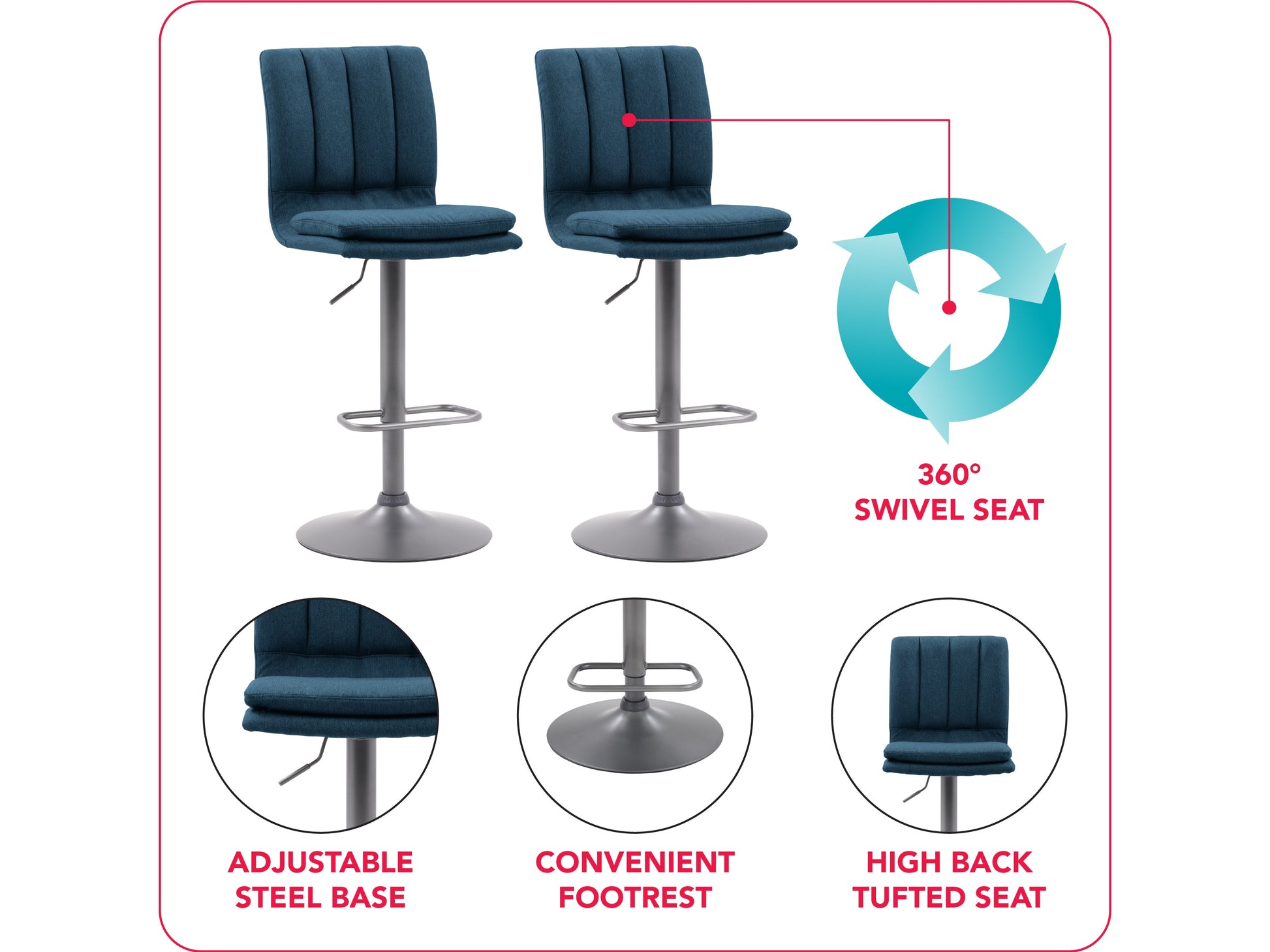 Blue swivel bar stools set of 2 with cushioned seats, metal frames, and ergonomic design.