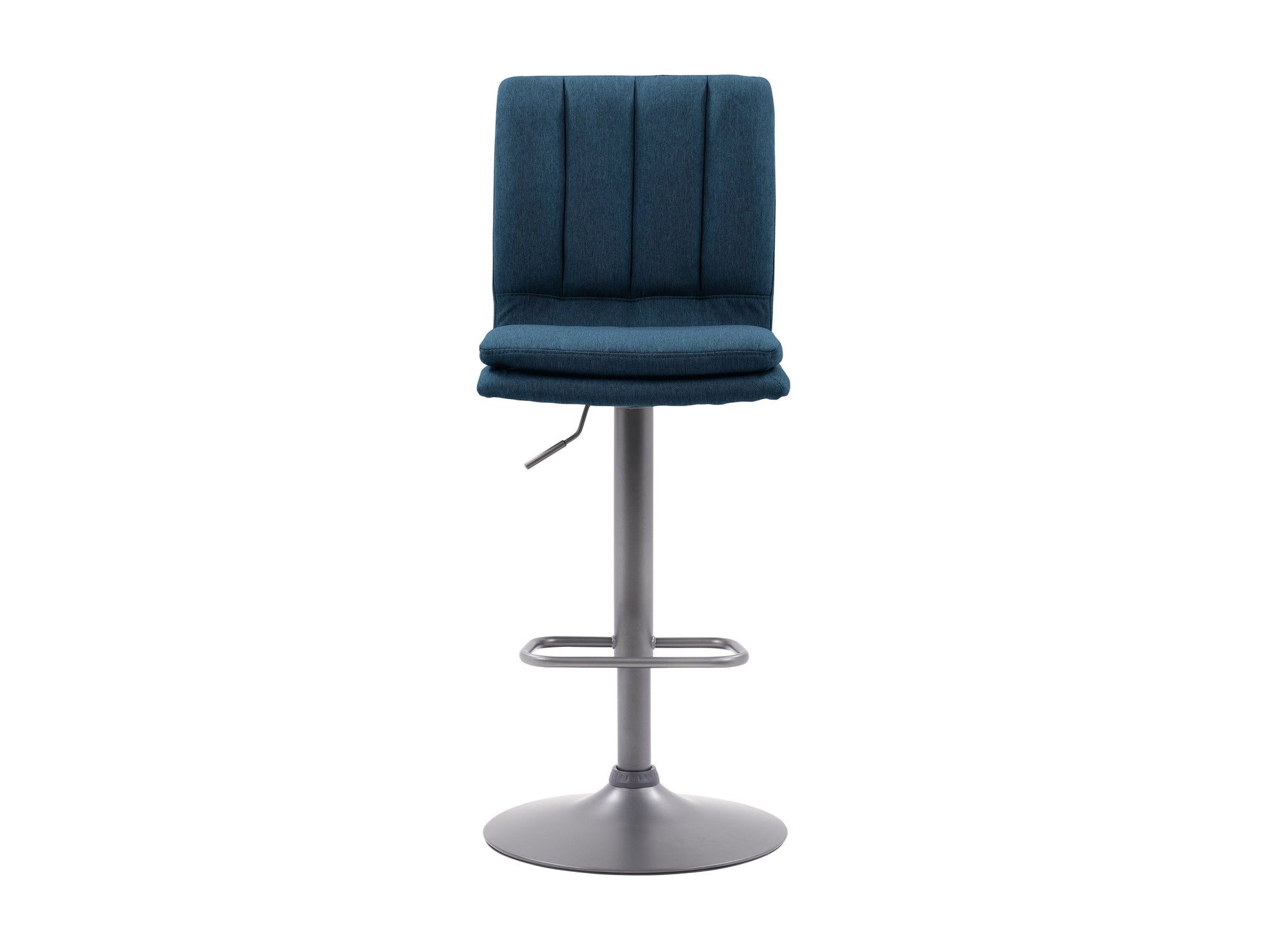 Blue swivel bar stools, set of 2, with padded seats, metal legs, and a contemporary design.