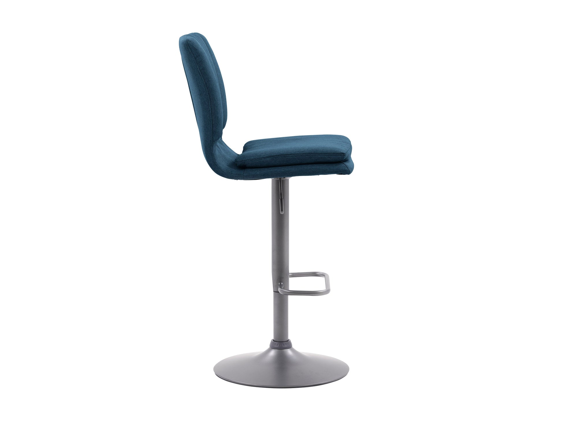 Blue swivel bar stools set of 2, with cushioned seats, chrome footrests, and adjustable height for modern kitchen or bar.