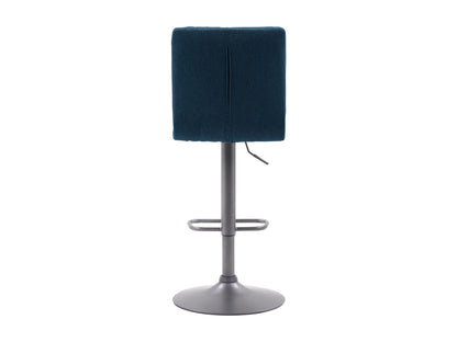 Blue swivel bar stools set of 2 with cushioned seats, metal footrests, and sturdy wooden legs.