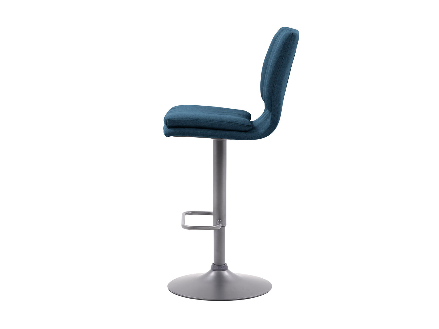 Blue swivel bar stools with cushioned seats, chrome bases, and footrests, set of 2, modern kitchen or bar seating.