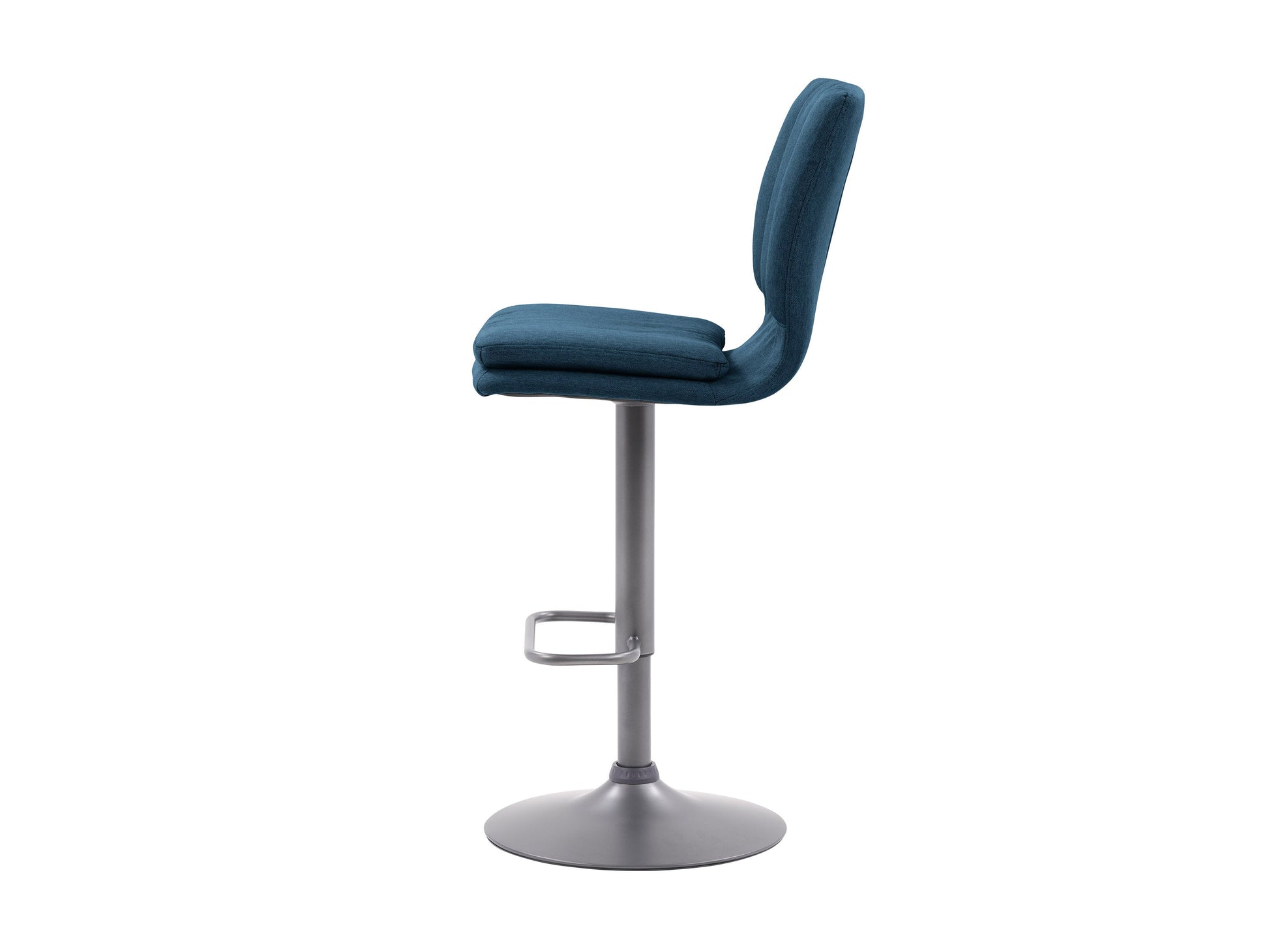 Blue swivel bar stools with cushioned seats, chrome bases, and footrests, set of 2, modern kitchen or bar seating.