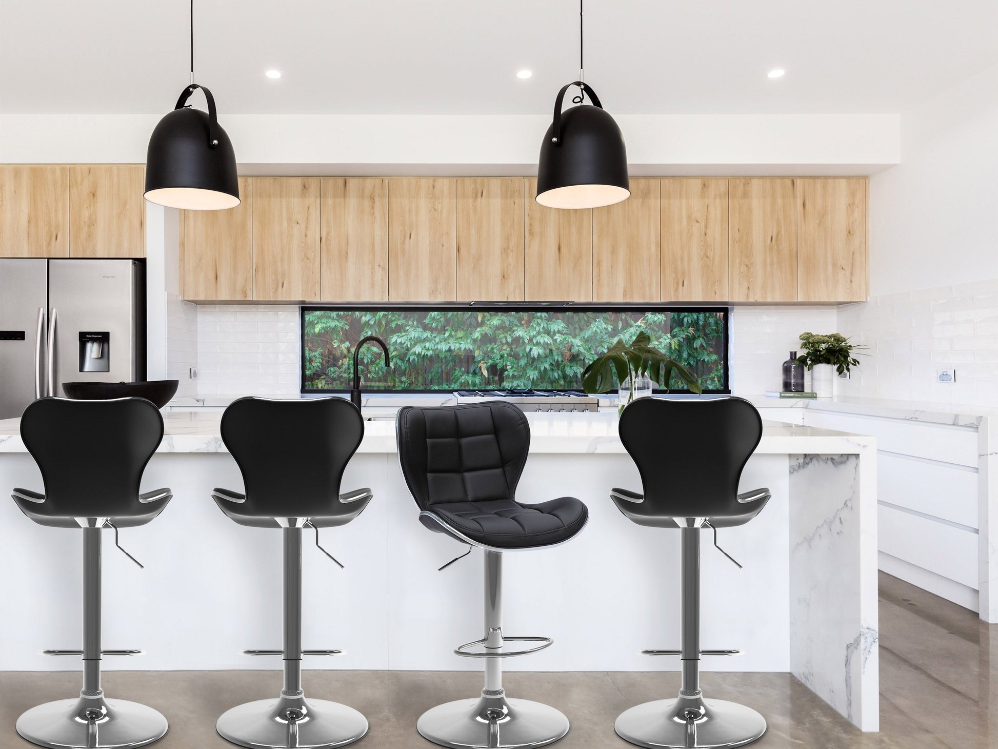 Black bar stools with backs, set of 2, featuring sleek metal legs and cushioned seats for modern kitchen or bar settings.