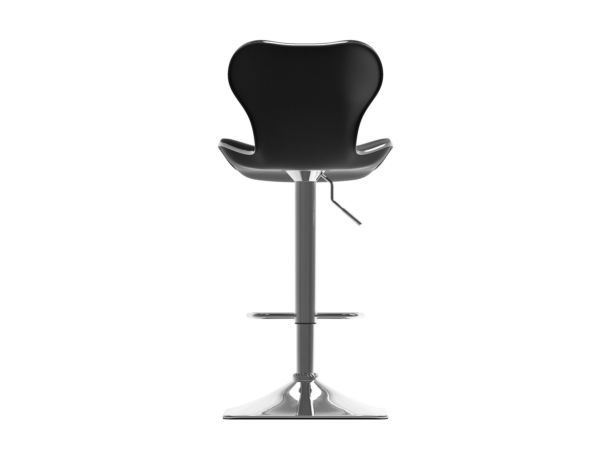 Black bar stools with backs, set of 2, sleek metal legs, cushioned seats, modern design.