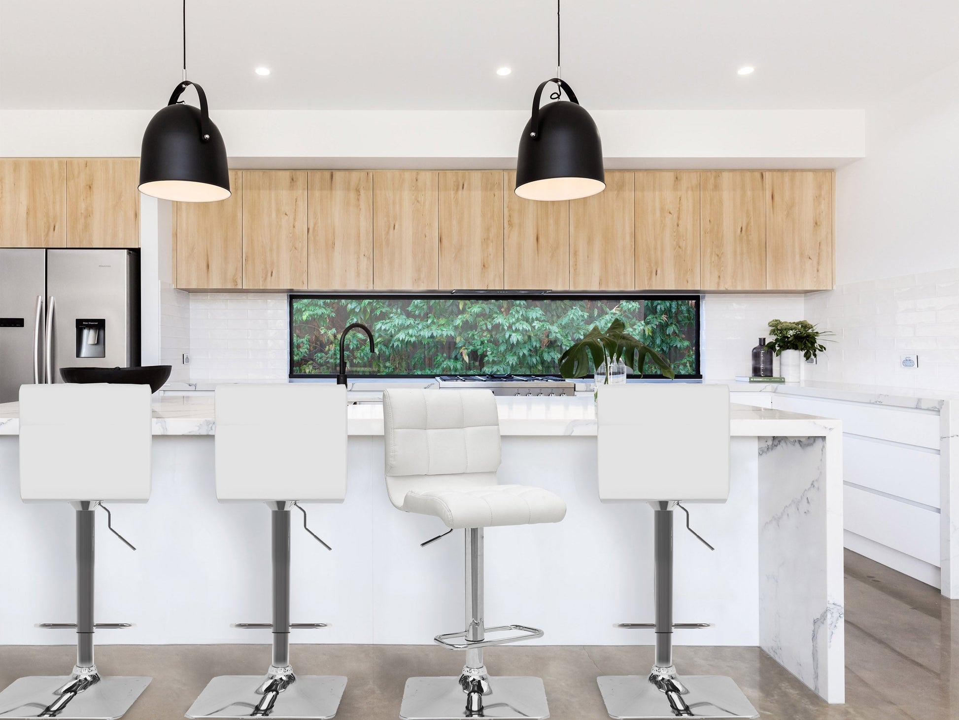 White tufted bar stools set of 2 with chrome legs, modern design, and cushioned seats for kitchen or bar areas.