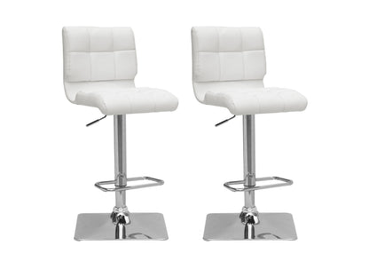 Two white adjustable stools with chrome base and backrest