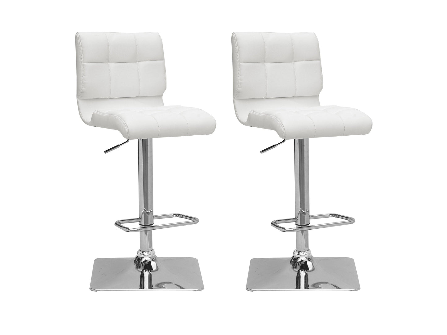 White tufted bar stools, set of 2, with chrome legs and modern design, perfect for kitchen or home bar.