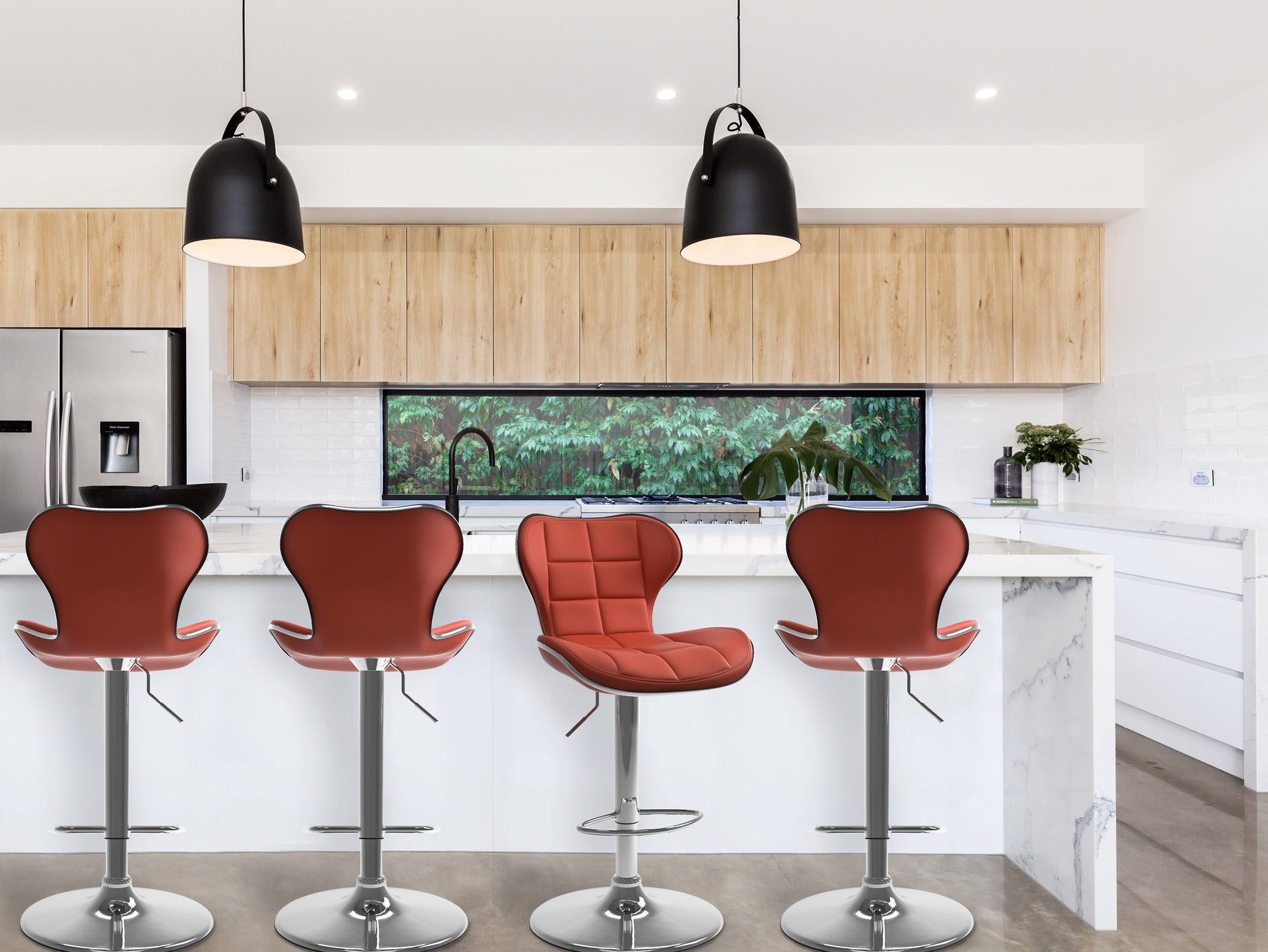 Gray upholstered bar stools with padded backs and black metal legs, set of 2, featuring a modern design, comfortable seating, and sturdy construction. Ideal for kitchen islands or home bars.