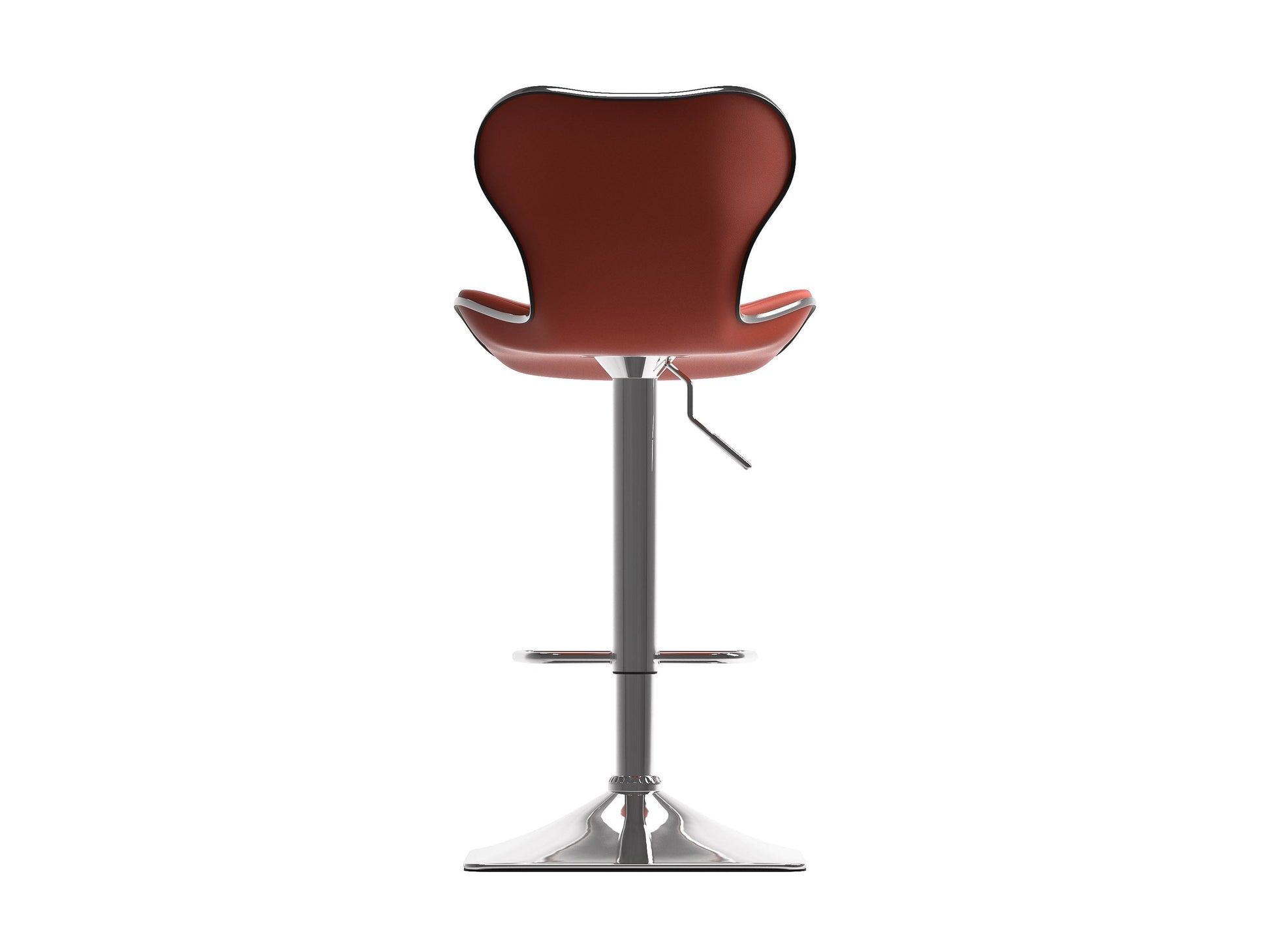 Modern bar stool with brown leather cushioned seat, black metal frame, and footrest. The stool features a minimalist design with a sleek, industrial aesthetic, perfect for contemporary kitchens or bar areas.