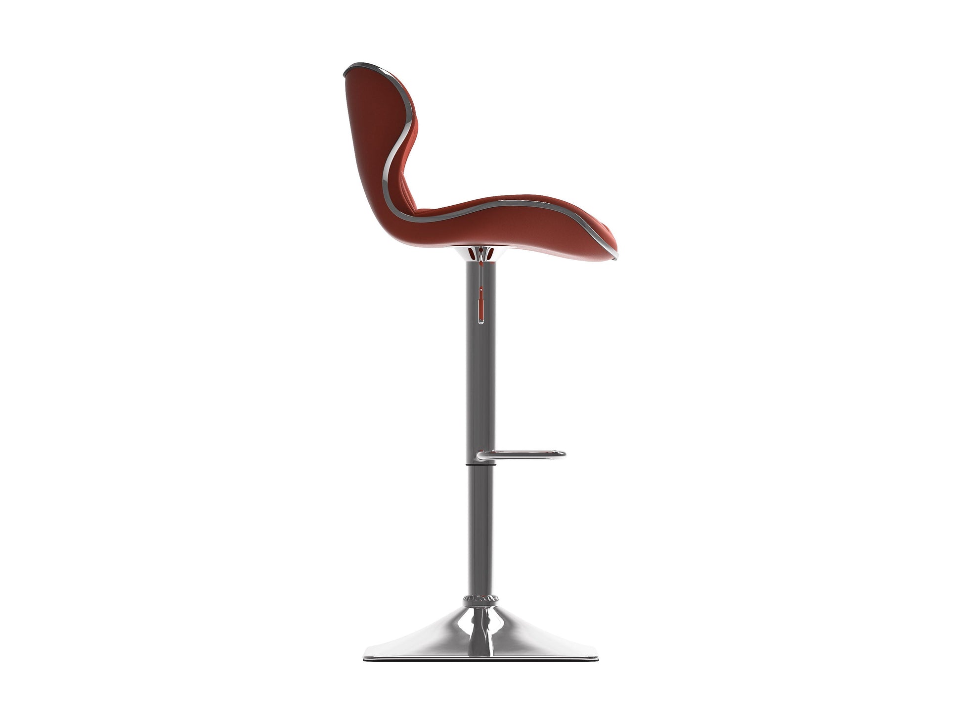 Modern bar stool with black leather seat, sleek chrome base, and footrest. Adjustable height and 360-degree swivel, perfect for kitchen counters or home bars. Stylish and comfortable seating solution.