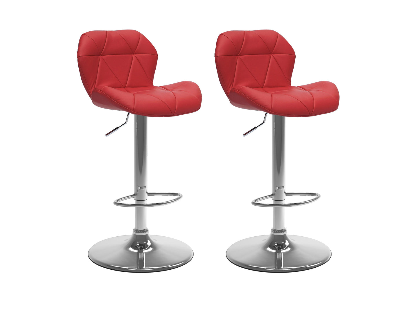 Red bar stools with backs, set of 2, featuring cushioned seats and sleek chrome legs, perfect for modern kitchens or bars.