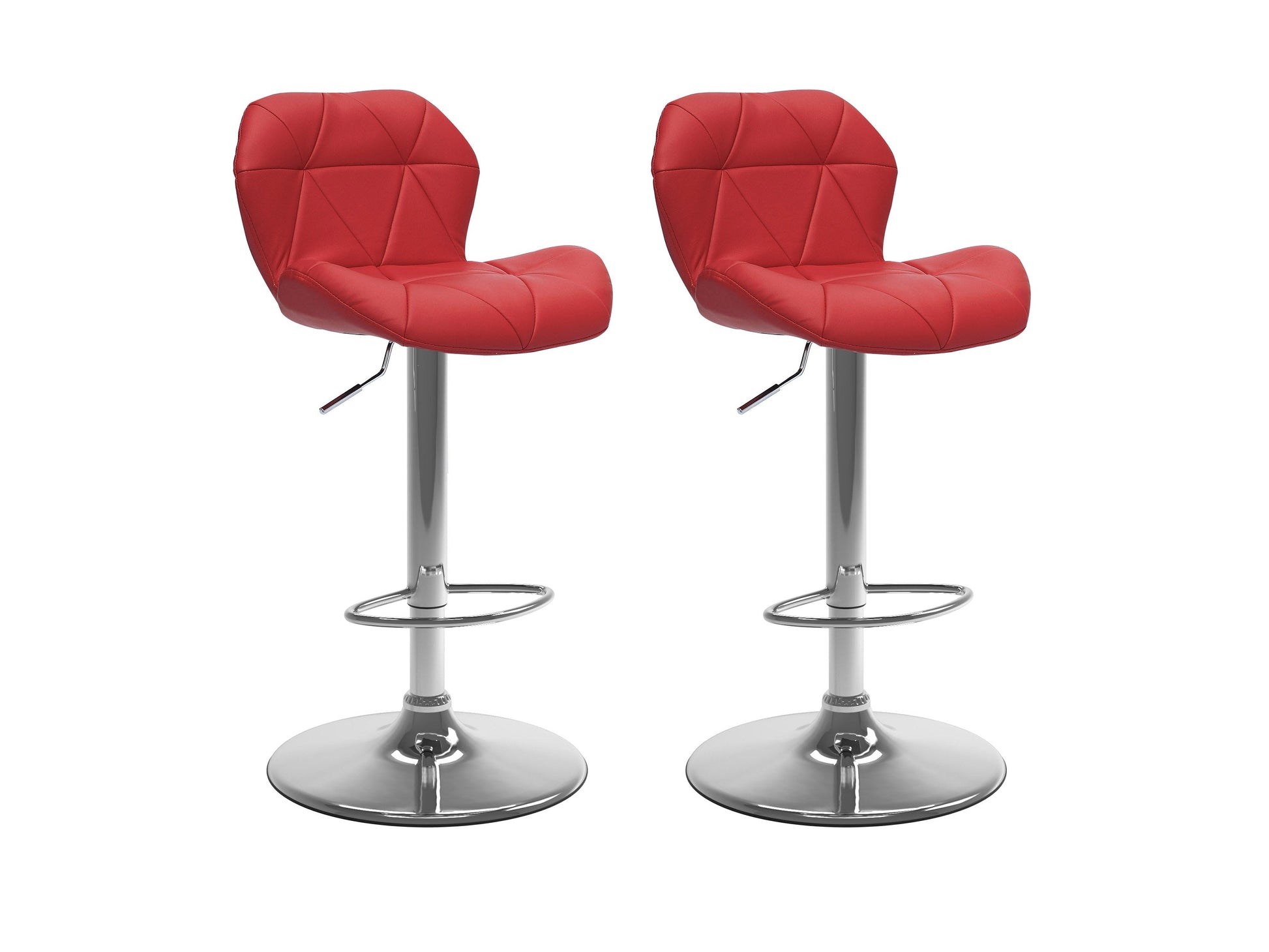 Red bar stools with backs, set of 2, featuring cushioned seats and sleek chrome legs, perfect for modern kitchens or bars.