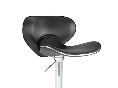 Black bar stools with backs, padded seats, and sleek metal legs, set of 2, modern design for kitchen or bar areas.