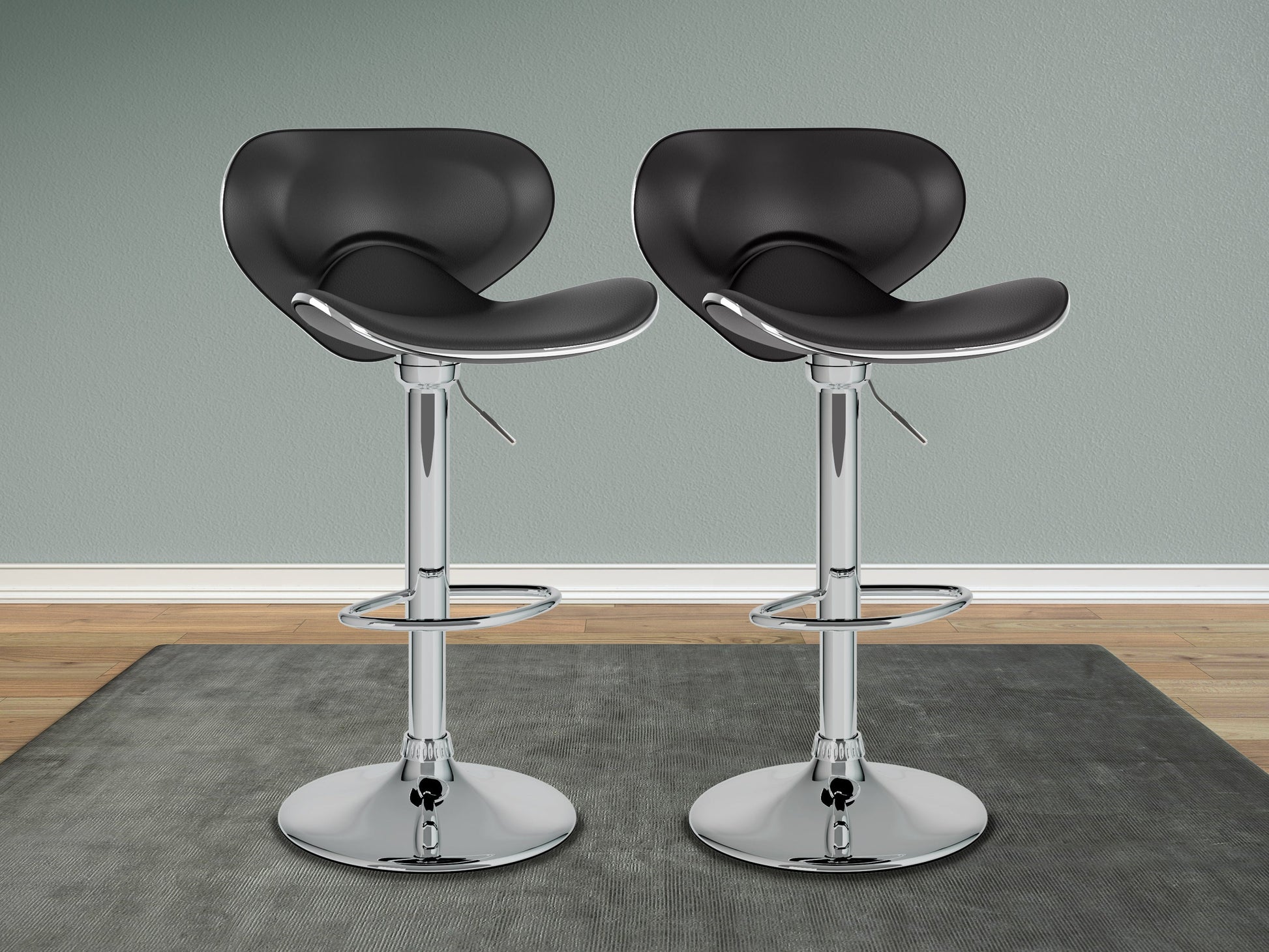 Black bar stools with backs, set of 2, featuring sleek metal legs and cushioned seats for modern kitchen or bar areas.
