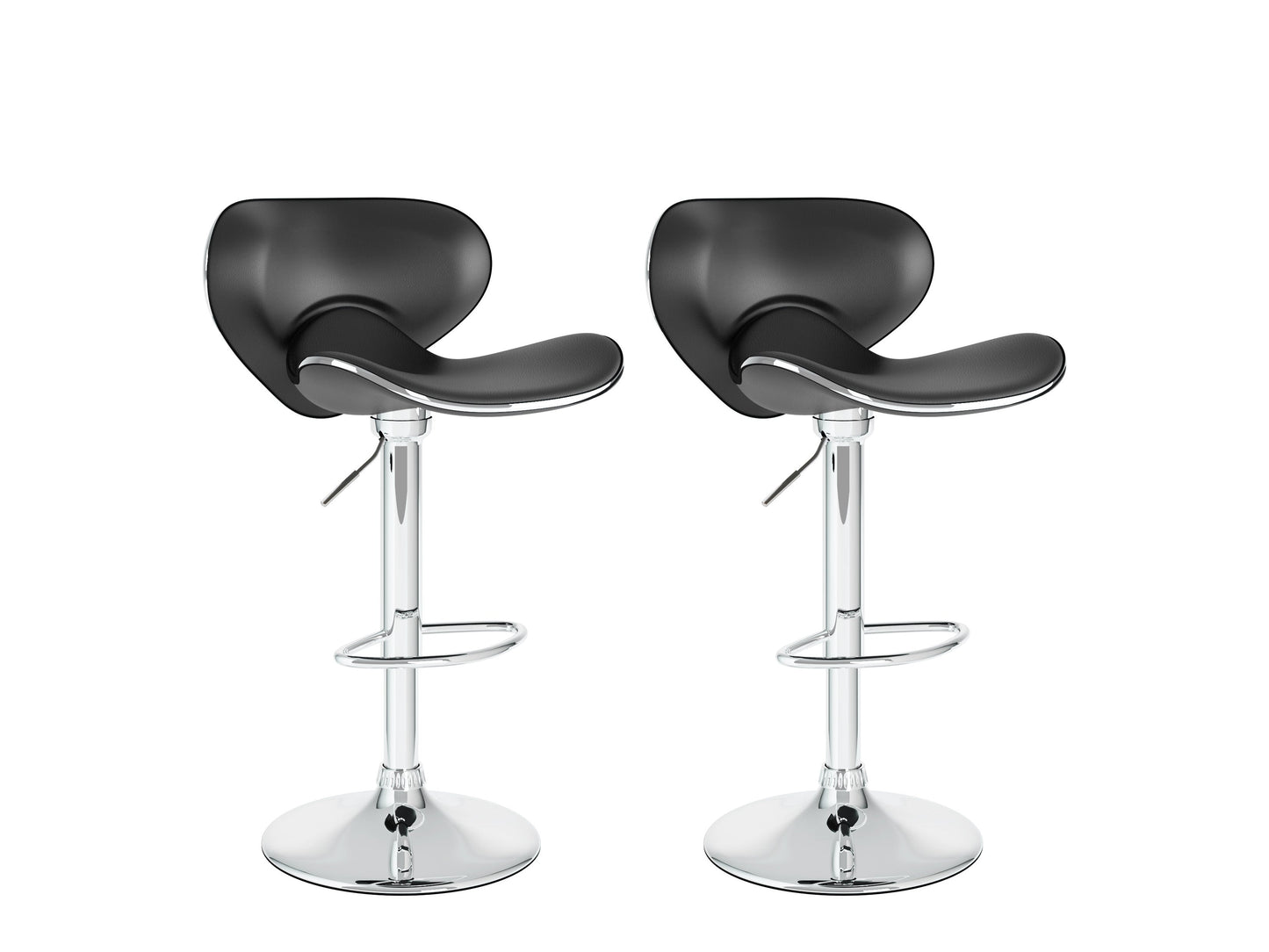 Set of 2 black bar stools with backs, sleek metal legs, and cushioned seats for modern kitchen or bar area.