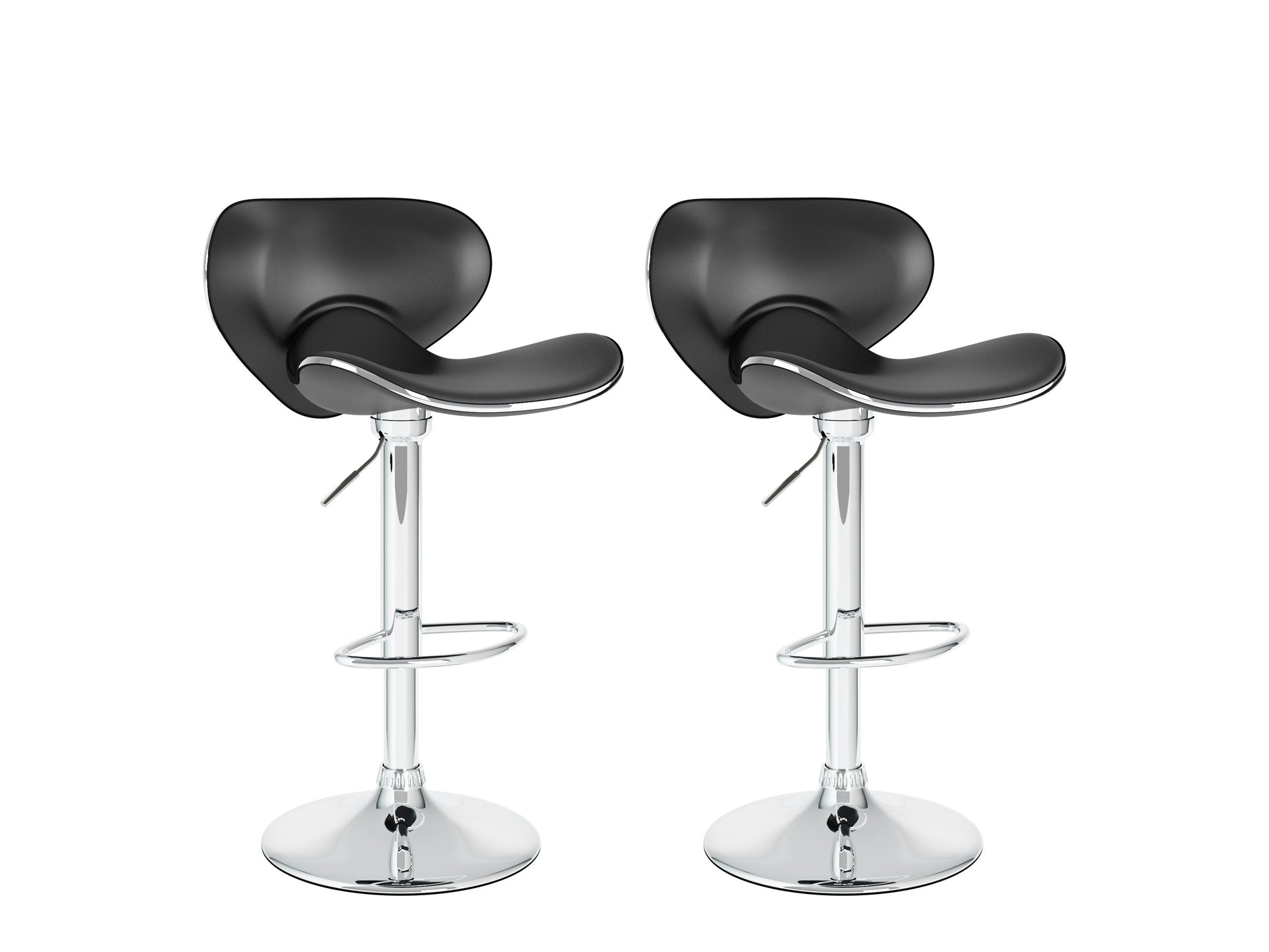 Set of 2 black bar stools with backs, sleek metal legs, and cushioned seats for modern kitchen or bar area.