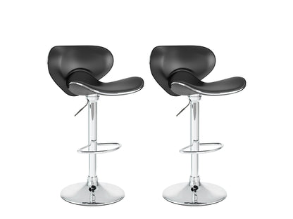 Set of 2 black bar stools with backs, sleek metal legs, and cushioned seats for modern kitchen or bar area.