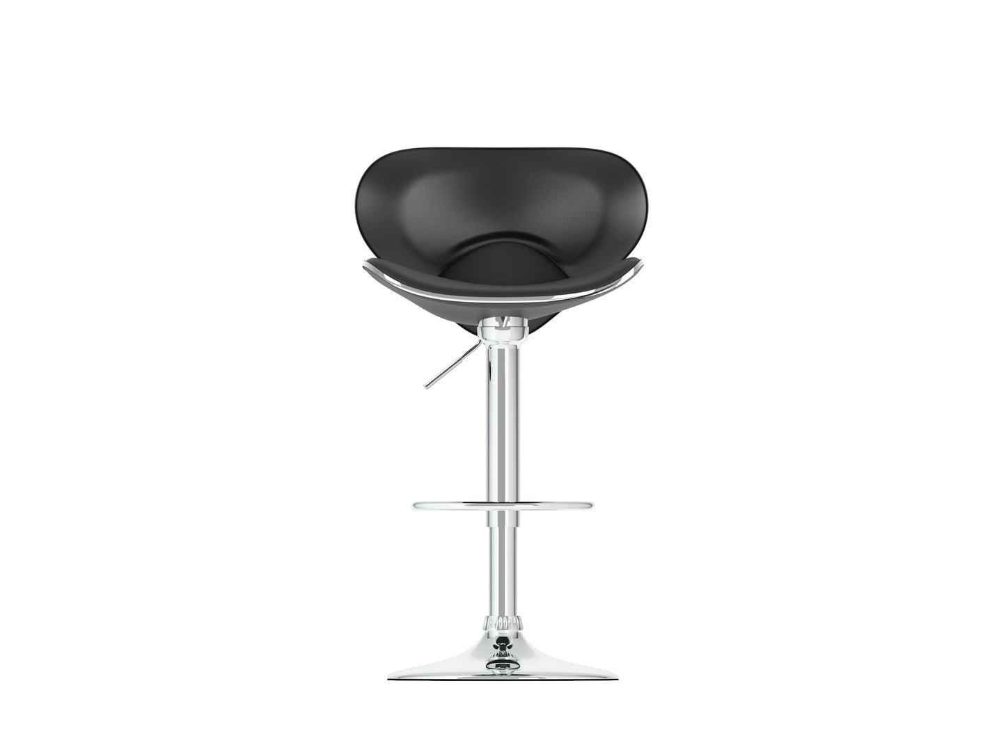 Set of 2 black bar stools with backs, sleek metal legs, and cushioned seats for modern kitchen or bar area.