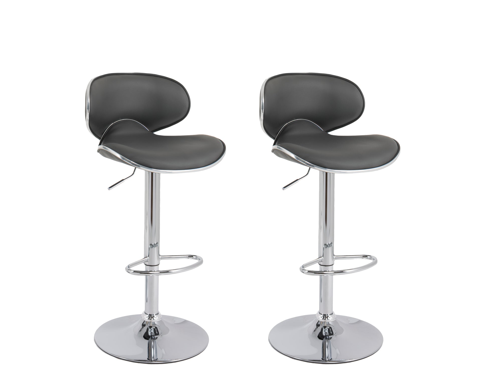 Dark grey bar stools set of 2 with cushioned seats, sleek chrome legs, and footrests. Modern design with comfortable backrests, perfect for kitchen or home bar. Durable, stylish, and easy to clean.