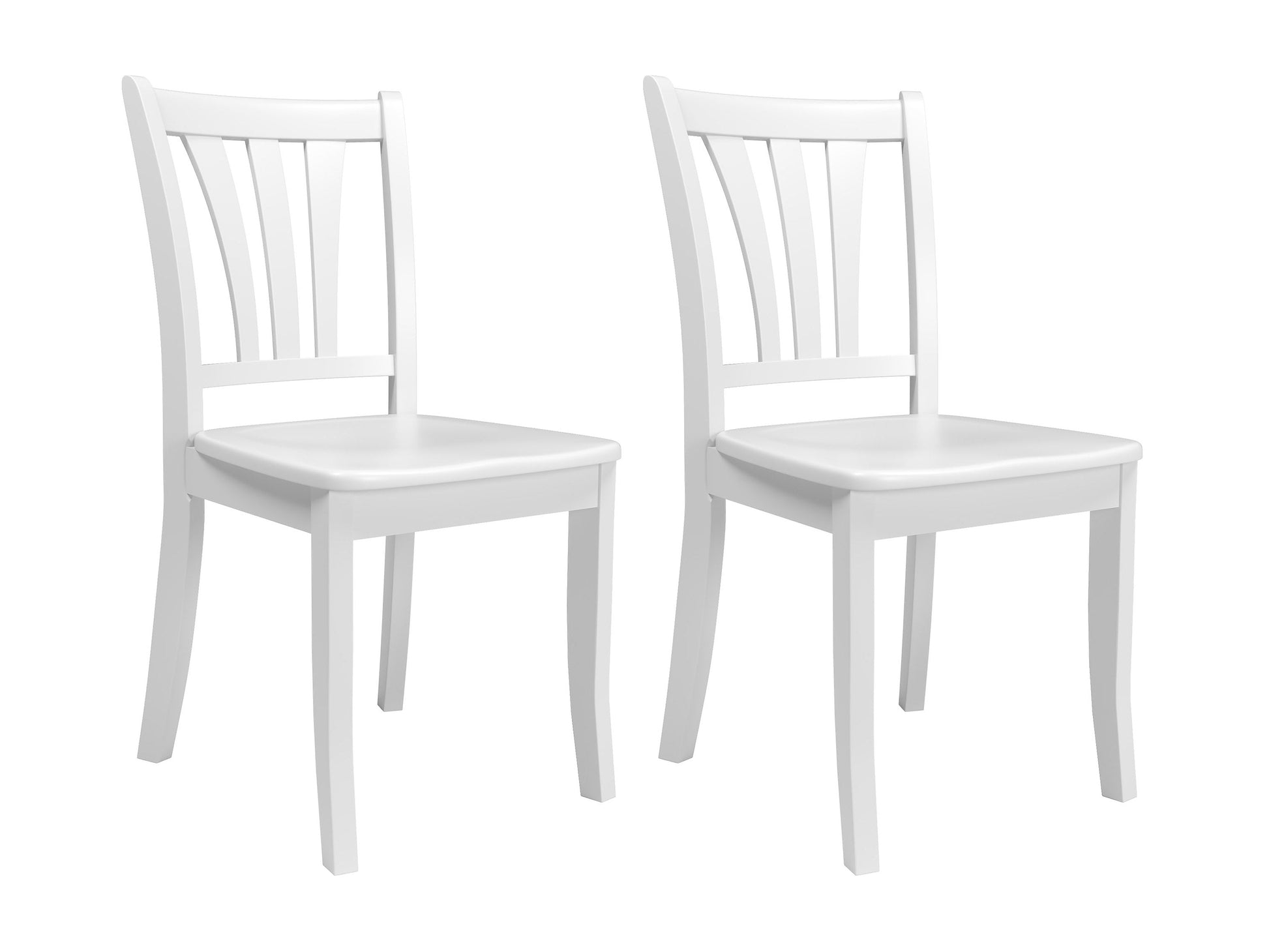 White solid wood dining chairs, set of 2, with slatted backs and minimalist design for dining rooms.