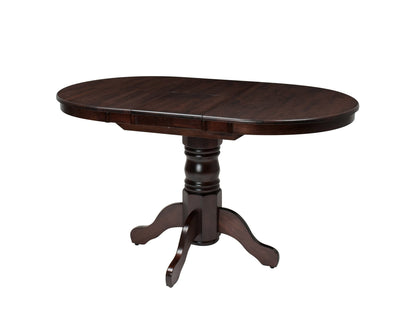 A dark brown oval table with a three-legged base.