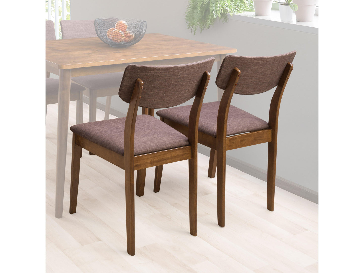Set of 2 walnut dining chairs with cushioned seats, featuring a sleek wooden frame, dark walnut finish, and beige upholstery. Ideal for modern dining rooms, these chairs combine comfort and contemporary style.