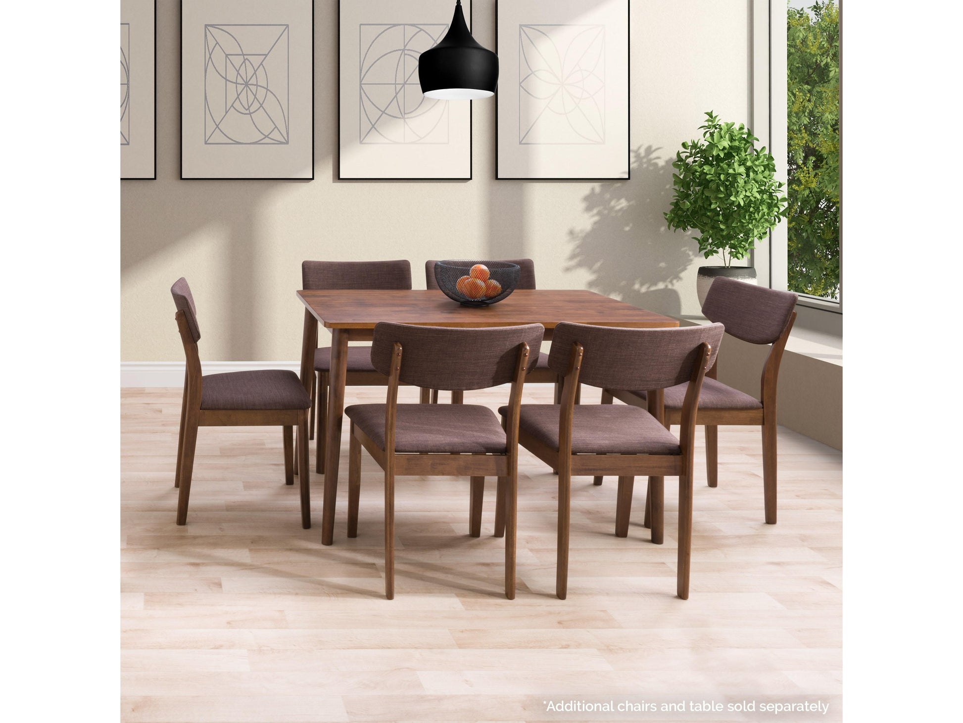Set of two walnut dining chairs featuring a sleek wooden frame, cushioned seats, and backrests in beige fabric, perfect for modern dining rooms.