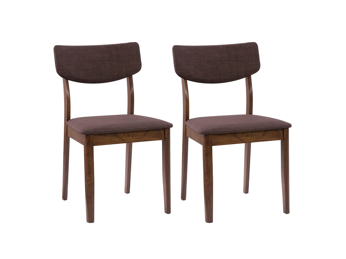 Set of two walnut dining chairs featuring a sleek, modern design with curved wooden backs, upholstered seats in dark gray fabric, and sturdy wooden legs. Ideal for contemporary dining rooms.