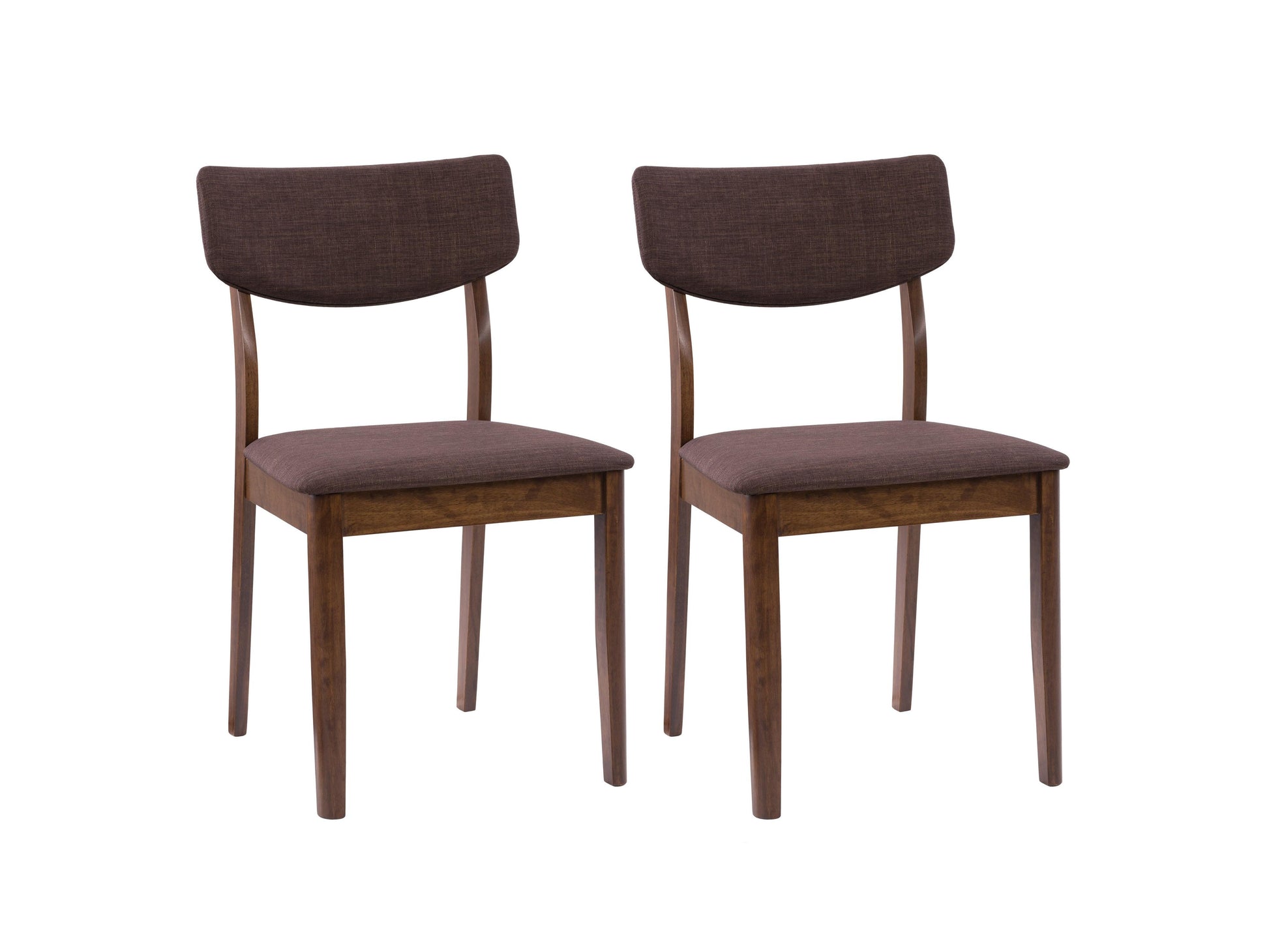 Set of two walnut dining chairs featuring a sleek, modern design with curved wooden backs, upholstered seats in dark gray fabric, and sturdy wooden legs. Ideal for contemporary dining rooms.
