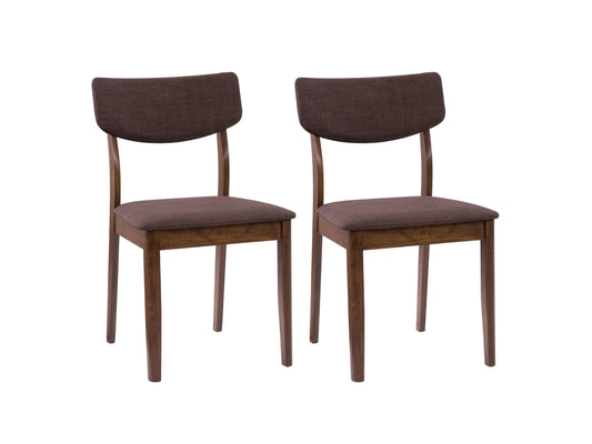 Set of two walnut dining chairs featuring a sleek, modern design with curved wooden backs, upholstered seats in dark gray fabric, and sturdy wooden legs. Ideal for contemporary dining rooms.