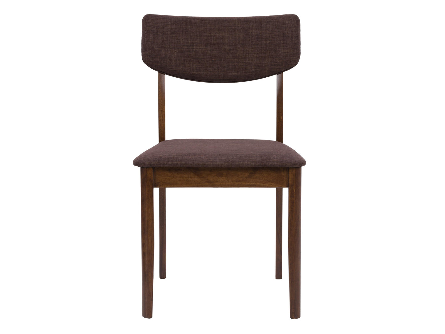 Mid-century modern walnut dining chairs set of 2, featuring curved backs, upholstered seats in grey fabric, and tapered wooden legs. Perfect for contemporary dining rooms, offering both style and comfort.