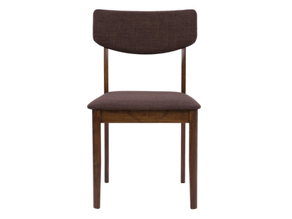 Mid-century modern walnut dining chairs set of 2, featuring curved backs, upholstered seats in grey fabric, and tapered wooden legs. Perfect for contemporary dining rooms, offering both style and comfort.