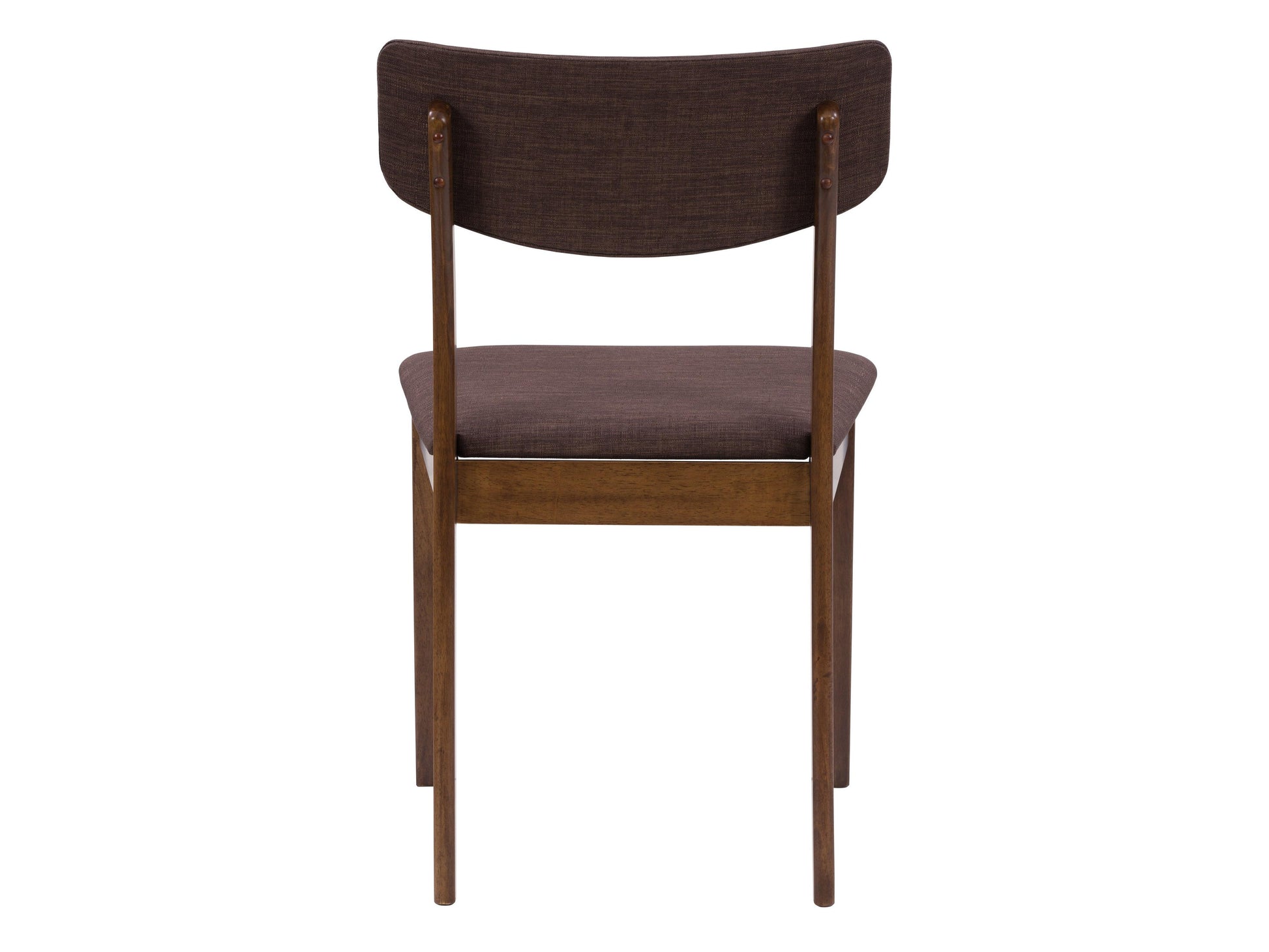 Set of two walnut dining chairs with cushioned beige seats, featuring a sleek, modern design with curved backs and sturdy wooden legs, perfect for contemporary dining rooms.