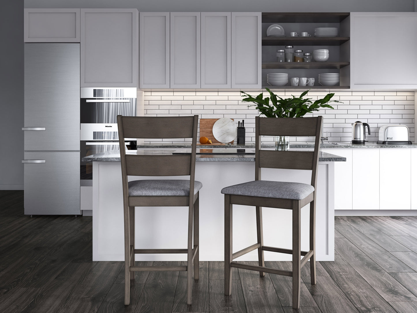 Set of 2 counter height dining chairs with cushioned seats, featuring a sleek black metal frame and a light wood finish on the backrest. Ideal for modern dining spaces, kitchen islands, and bar areas.