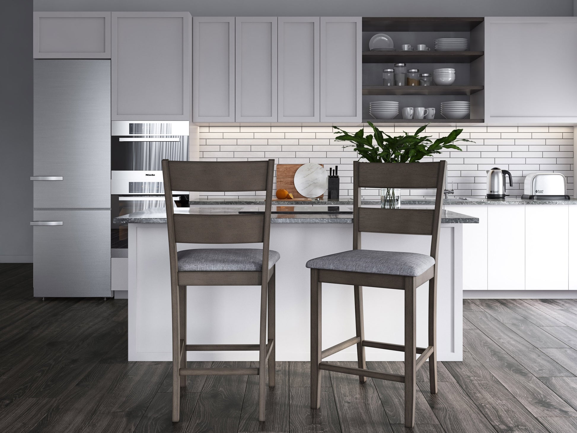 Set of 2 counter height dining chairs with cushioned seats, featuring a sleek black metal frame and a light wood finish on the backrest. Ideal for modern dining spaces, kitchen islands, and bar areas.