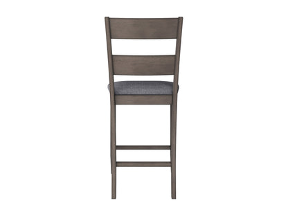 Set of 2 counter height dining chairs with beige cushioned seats, dark brown wooden frames, and ladder back design, perfect for modern or rustic dining spaces. Durable and stylish seating solution.