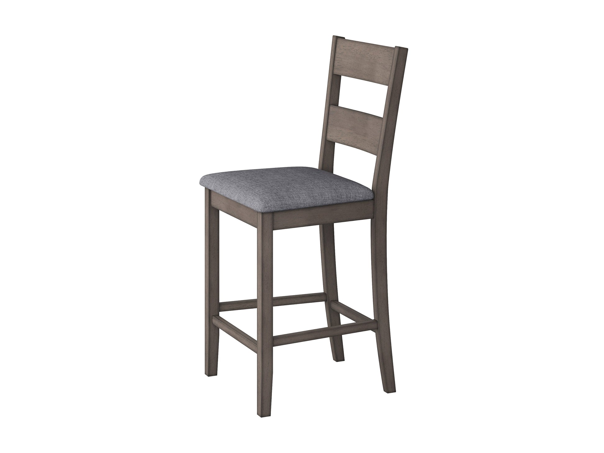 Counter height dining chairs set of 2 with dark brown wooden legs, beige fabric upholstery, tufted backrest, and cushioned seating for comfortable dining. Ideal for modern and contemporary dining rooms.
