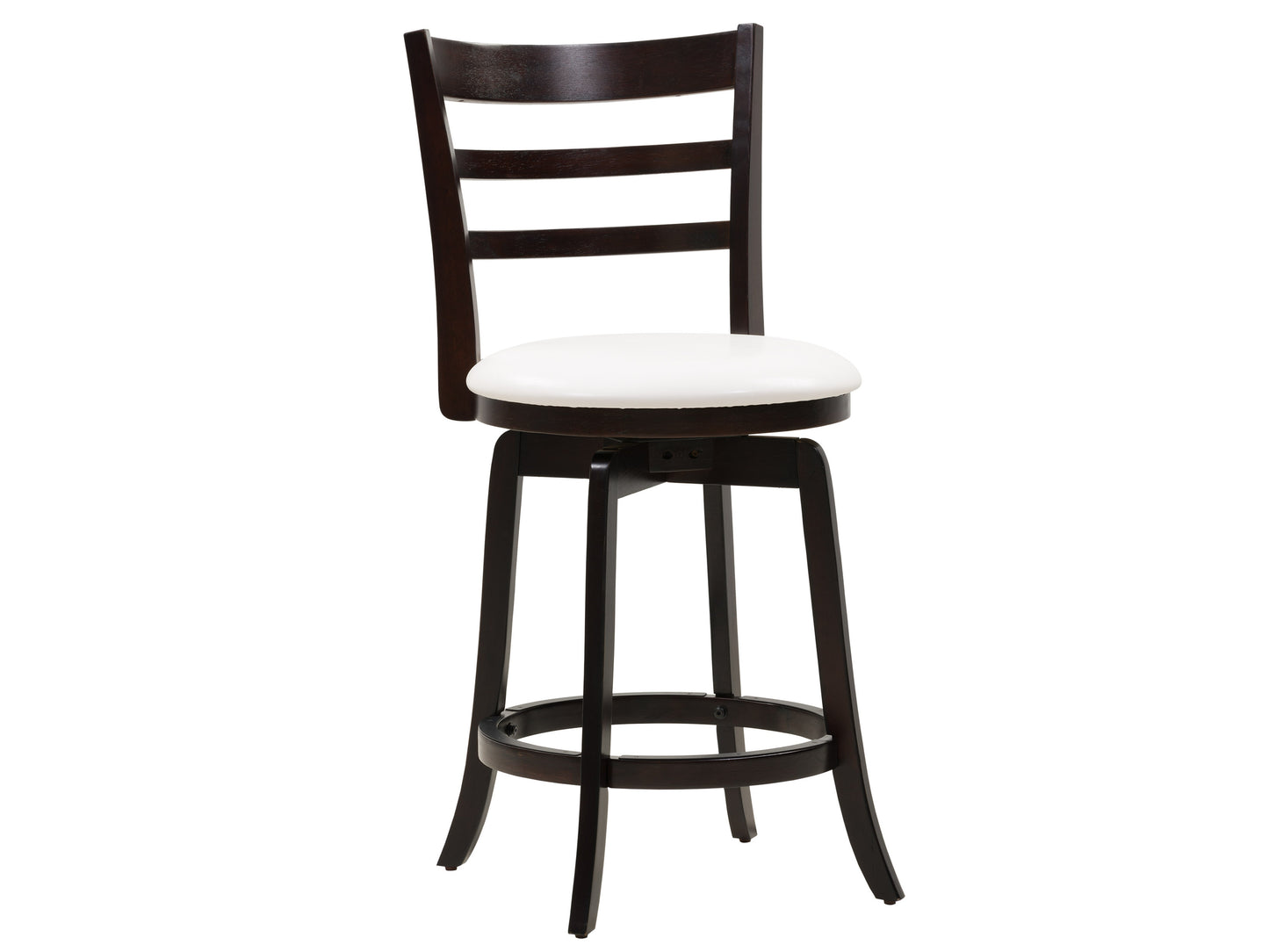 Dark wood bar stool with counter height, featuring a curved backrest and cushioned seat in black leather, supported by sleek metal legs. Ideal for modern kitchens and home bars.