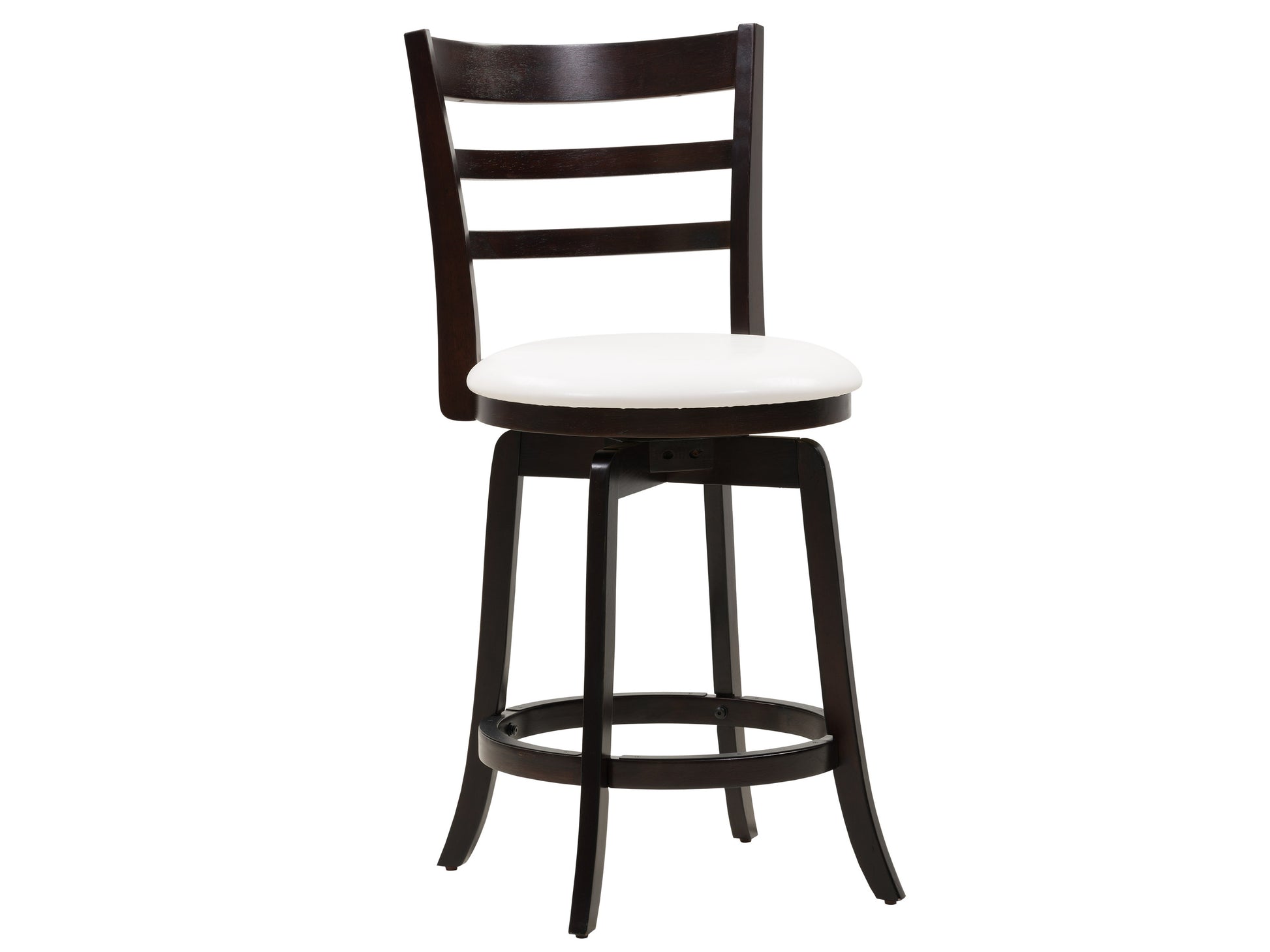 Dark wood bar stool with counter height, featuring a curved backrest and cushioned seat in black leather, supported by sleek metal legs. Ideal for modern kitchens and home bars.