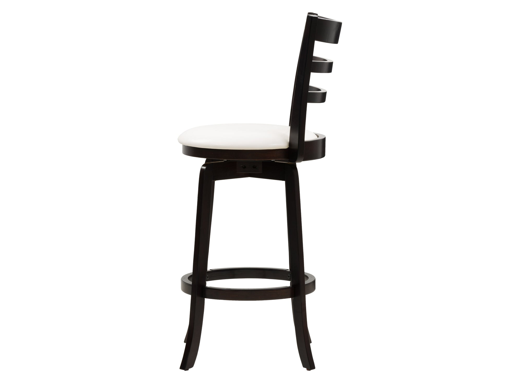 Modern wood bar stool with a sleek walnut finish, featuring a curved backrest, padded black leather seat, and sturdy metal footrest. Ideal for bar height counters and contemporary kitchen or bar settings.