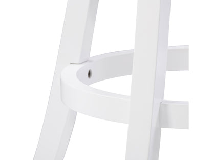 White bar stools set of 2 with cushioned seats, sleek chrome legs, and footrests. Modern design with a minimalist aesthetic, perfect for kitchen islands or home bars. Durable materials and easy to clean.