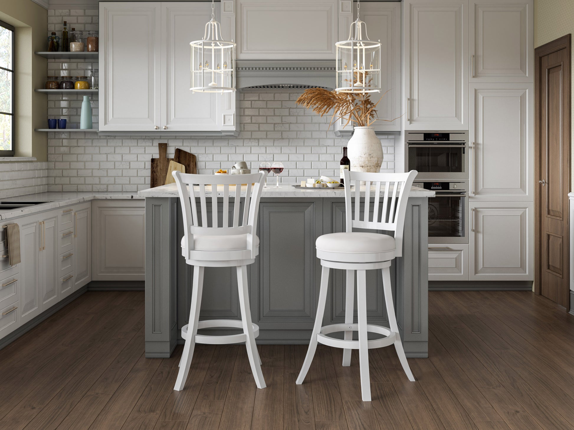 Set of 2 white bar stools with sleek metal frames, cushioned seats, and backrests. Modern design with a minimalist aesthetic, perfect for kitchen islands, home bars, or dining areas.