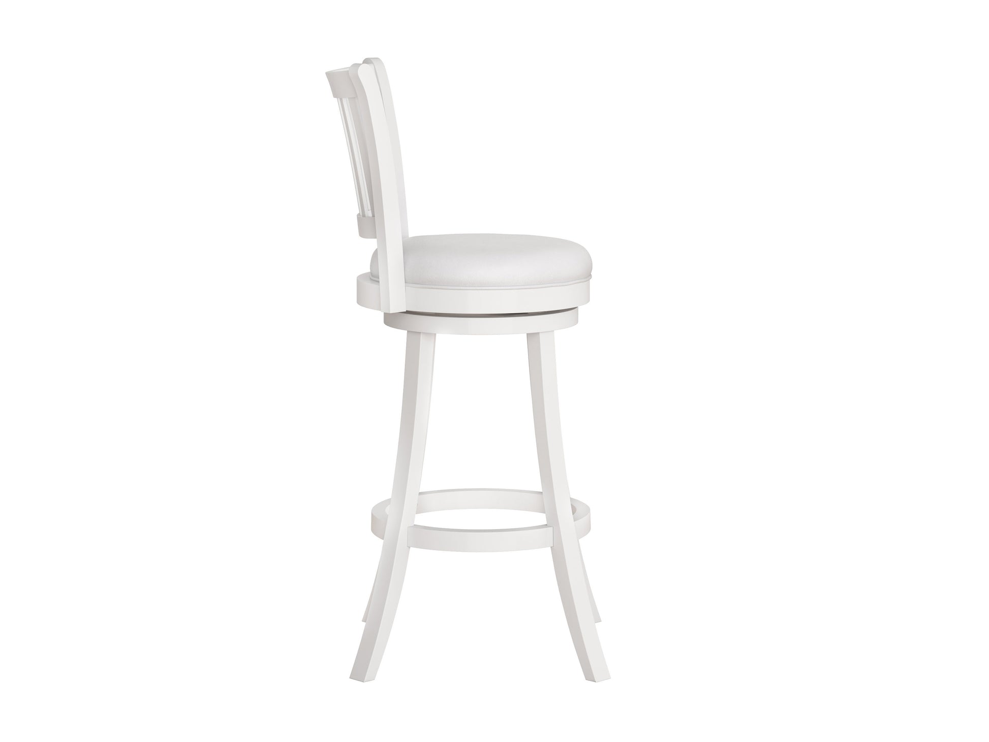 White bar stools with cushioned seats, chrome footrests, and sleek wooden legs. Set of 2 modern bar stools, perfect for kitchen or bar counter seating. Durable, stylish, and comfortable.
