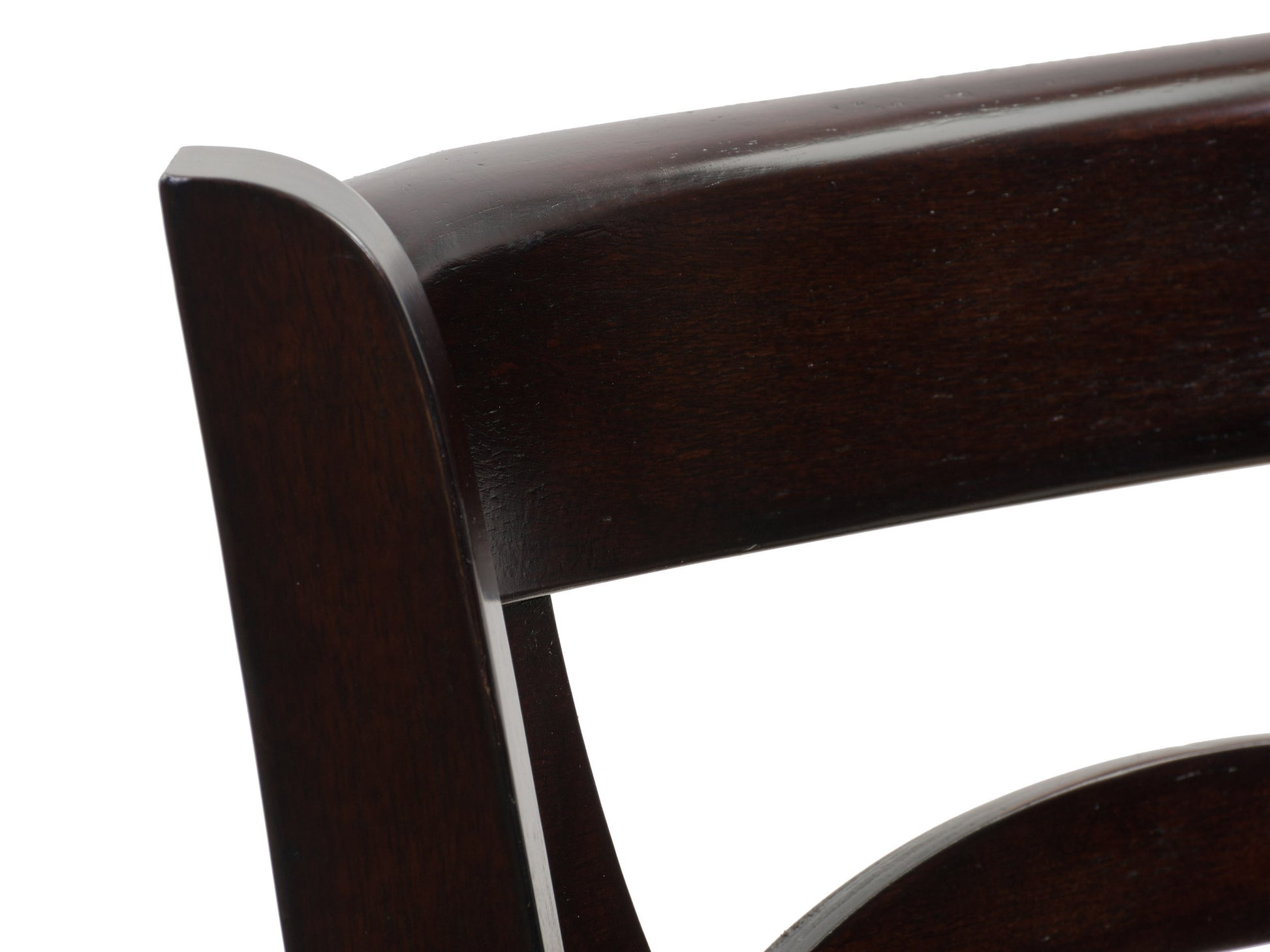 Counter height wood bar stool with dark walnut finish, curved backrest, and cushioned seat. Features black metal frame and footrest for added comfort and stability. Ideal for modern kitchen or home bar.