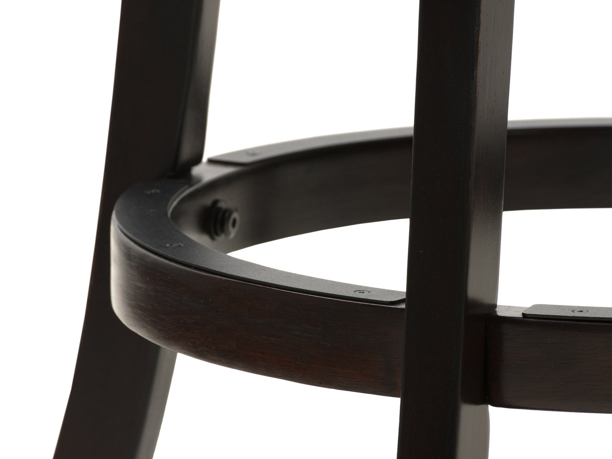 Dark wood bar stool with black metal legs, featuring a curved seat and backrest with a smooth finish. Ideal for counter height seating in modern kitchens or bars. Durable and stylish design.