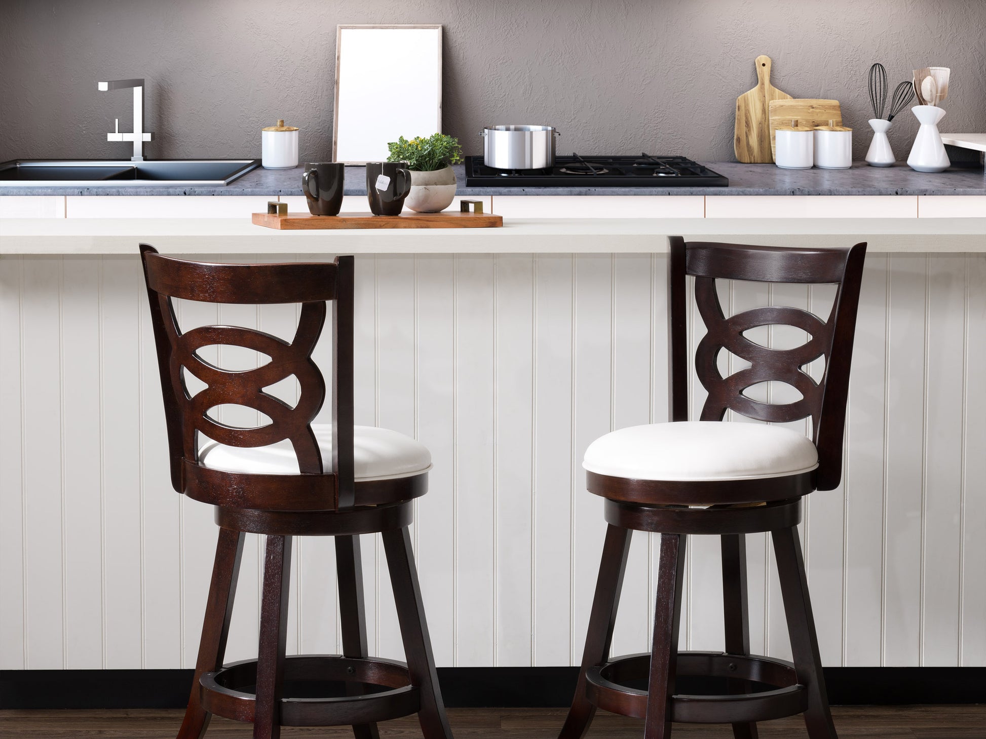Counter height wood bar stool with natural wood seat and backrest, black metal frame, and footrest. Ideal for modern kitchens, bars, and dining areas. Durable and stylish with a minimalist design.