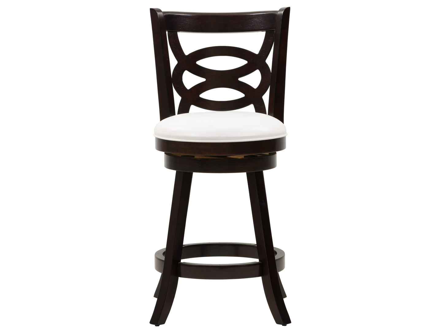 Modern wooden bar stool with dark walnut finish, featuring a curved backrest, cushioned beige seat, and sleek metal footrest. Ideal for kitchen counters and home bars, offering stylish comfort and durability.